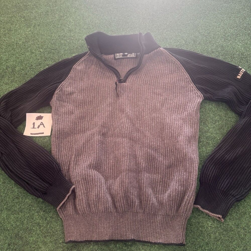 VTG Nautica Jeans Co. 1999 Ribbed Knit 1/4 Zip Sweater Gray Black M NJ-99